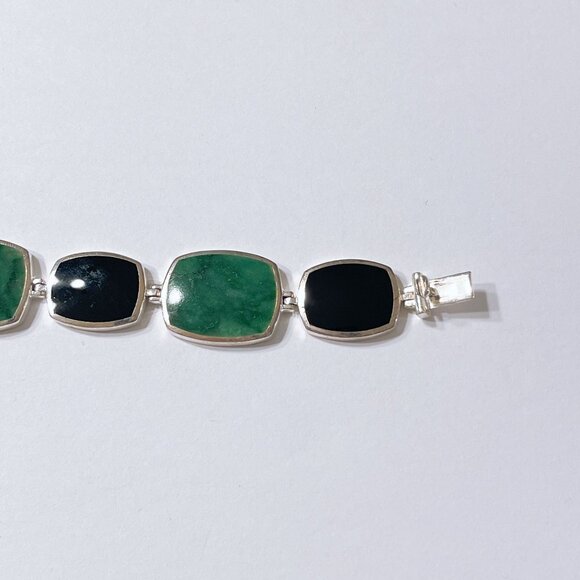 Sterling Silver Green & Black Stone Link Bracelet - Picture 8 of 9